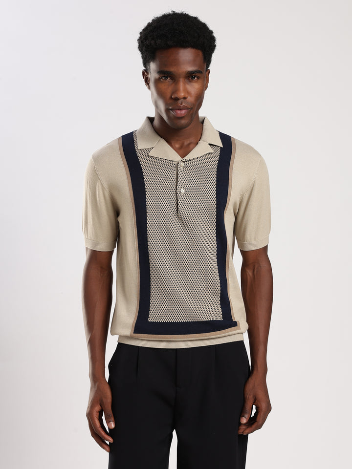 Beige Colour Block Slim Fit Flat Knit Polo T-Shirt