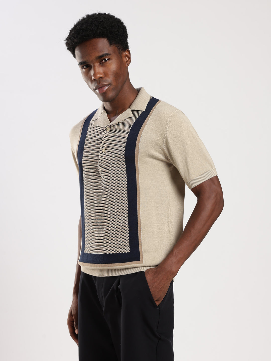 Beige Colour Block Slim Fit Flat Knit Polo T-Shirt