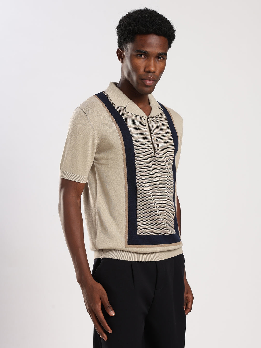 Beige Colour Block Slim Fit Flat Knit Polo T-Shirt