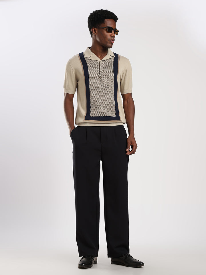 Beige Colour Block Slim Fit Flat Knit Polo T-Shirt