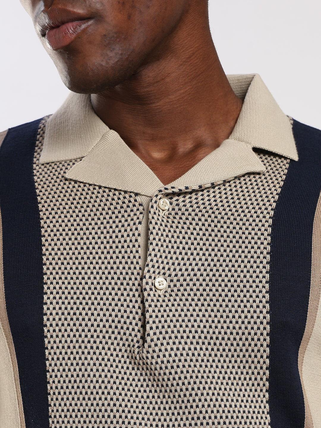 Beige Colour Block Slim Fit Flat Knit Polo T-Shirt