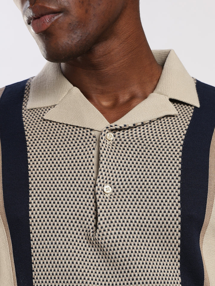 Beige Colour Block Slim Fit Flat Knit Polo T-Shirt