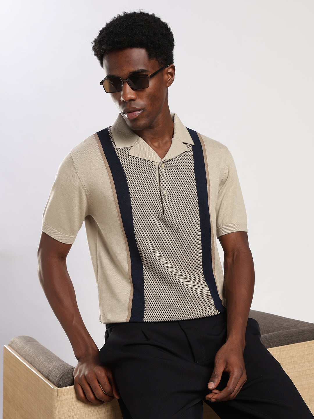 Beige Colour Block Slim Fit Flat Knit Polo T-Shirt