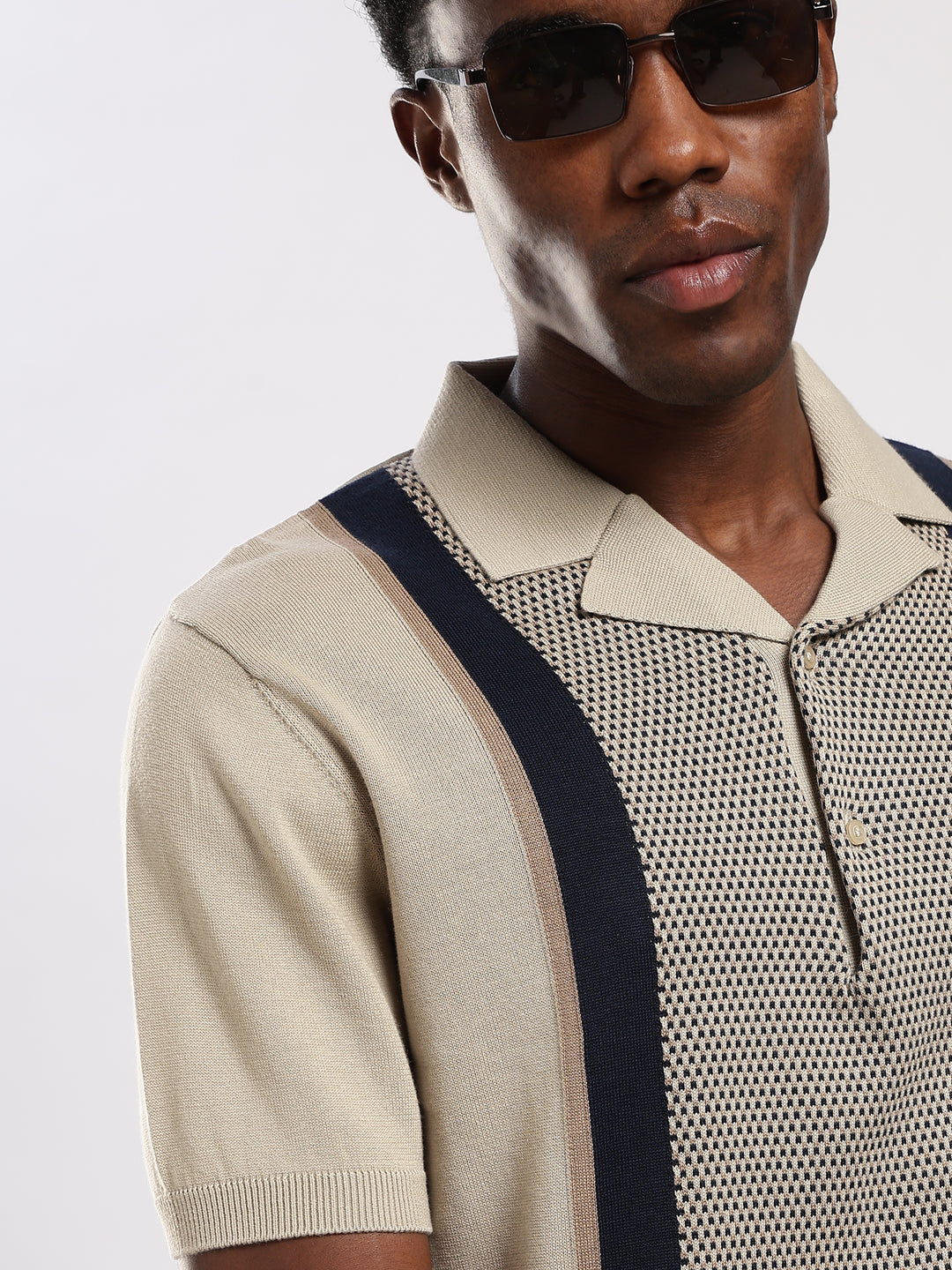 Beige Colour Block Slim Fit Flat Knit Polo T-Shirt