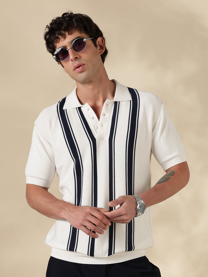 White Stripe Flat Knit T-Shirt