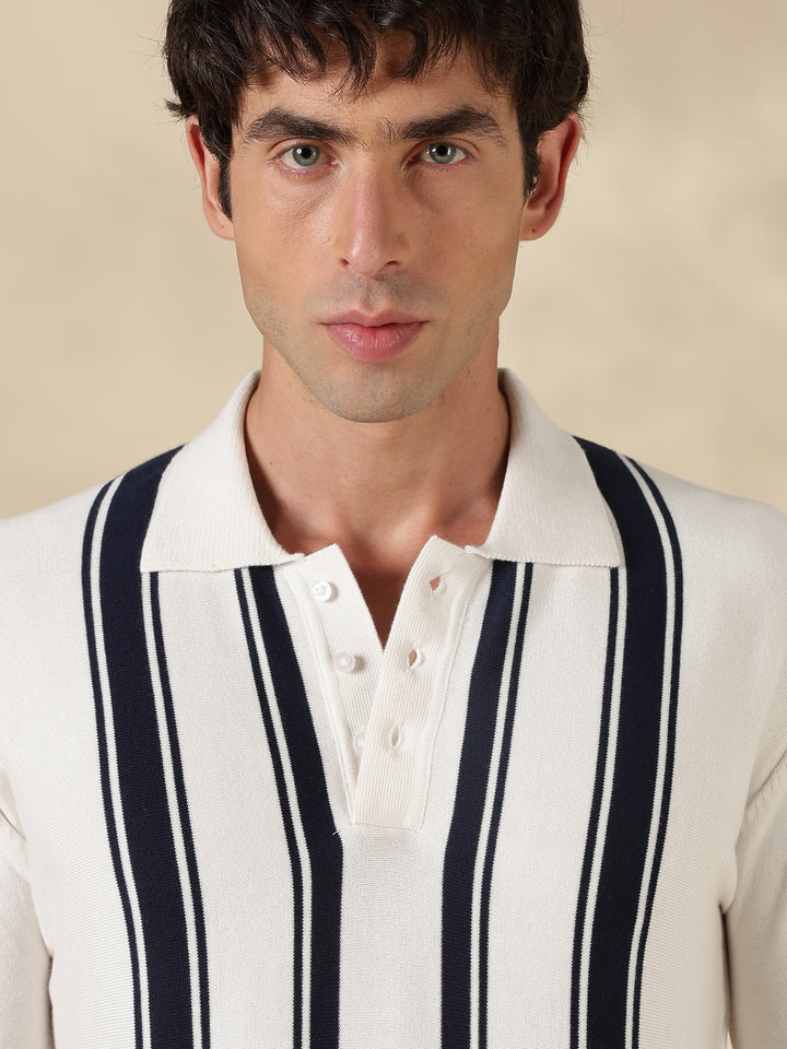 White Stripe Flat Knit T-Shirt