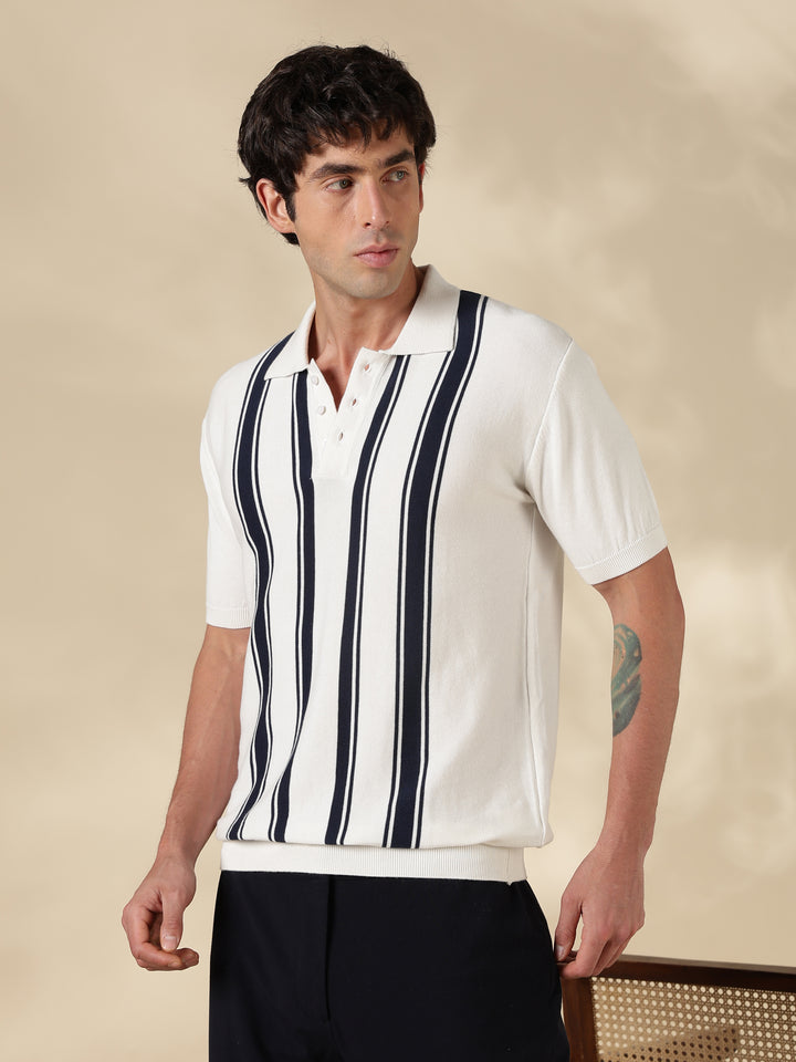 White Stripe Flat Knit T-Shirt