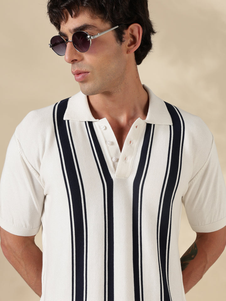 White Stripe Flat Knit T-Shirt