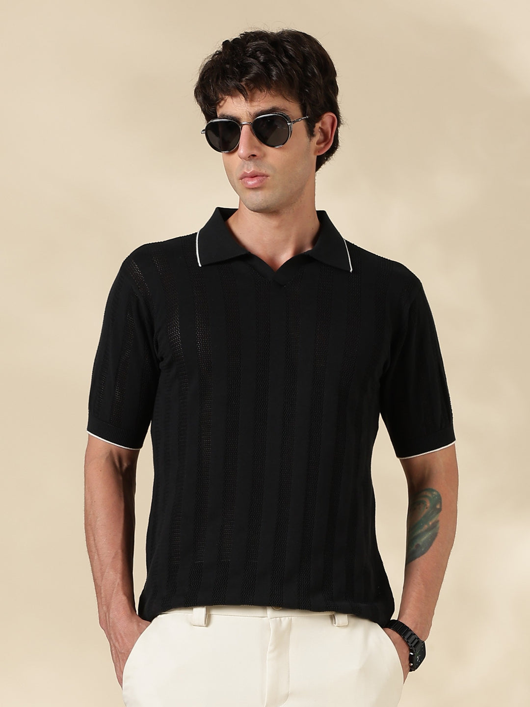 Black Stripe Slim Fit Polo Collar Flat Knit T-Shirt