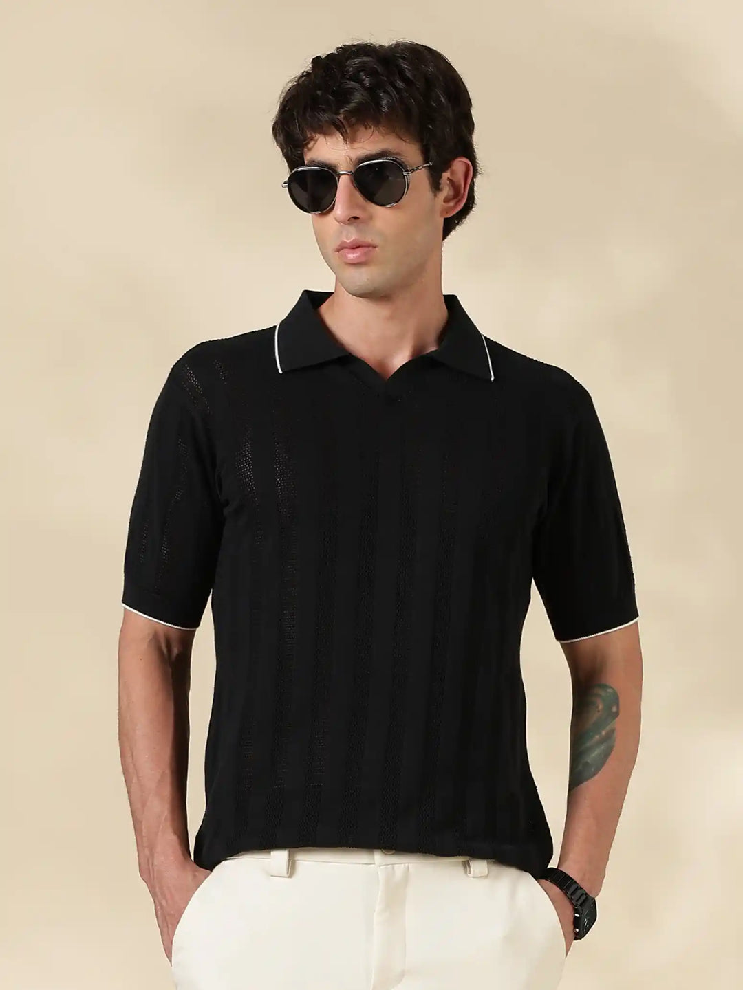 Black Stripe Slim Fit Polo Collar Flat Knit T-Shirt