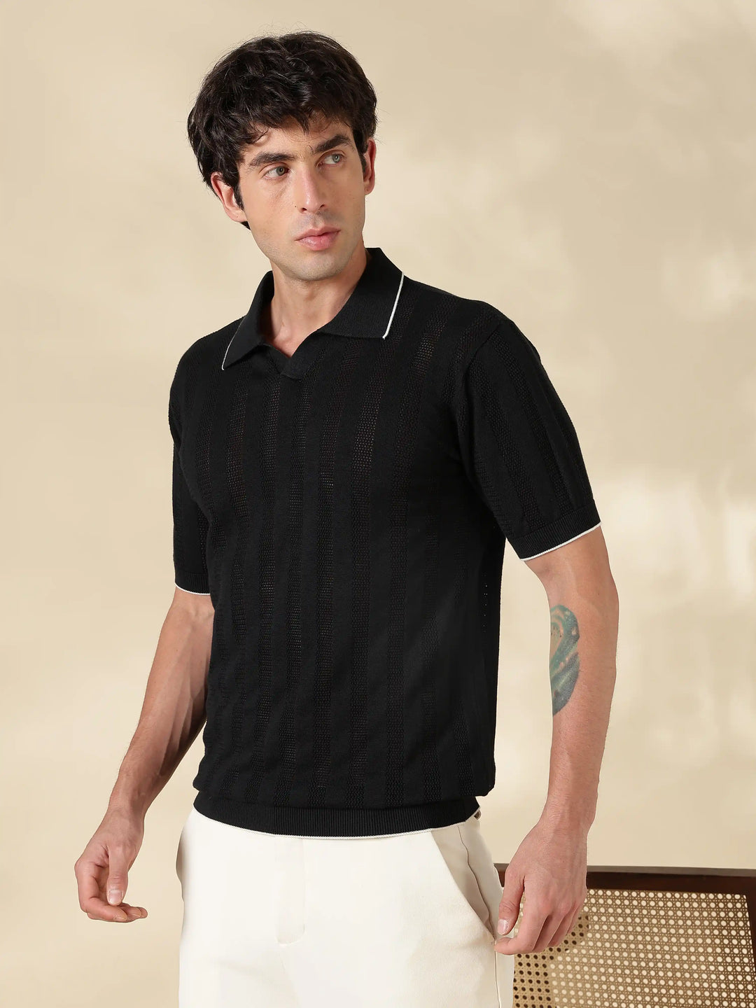 Black Stripe Slim Fit Flat Knit T-Shirt
