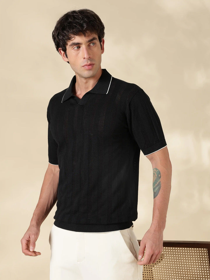 Black Stripe Slim Fit Flat Knit T-Shirt