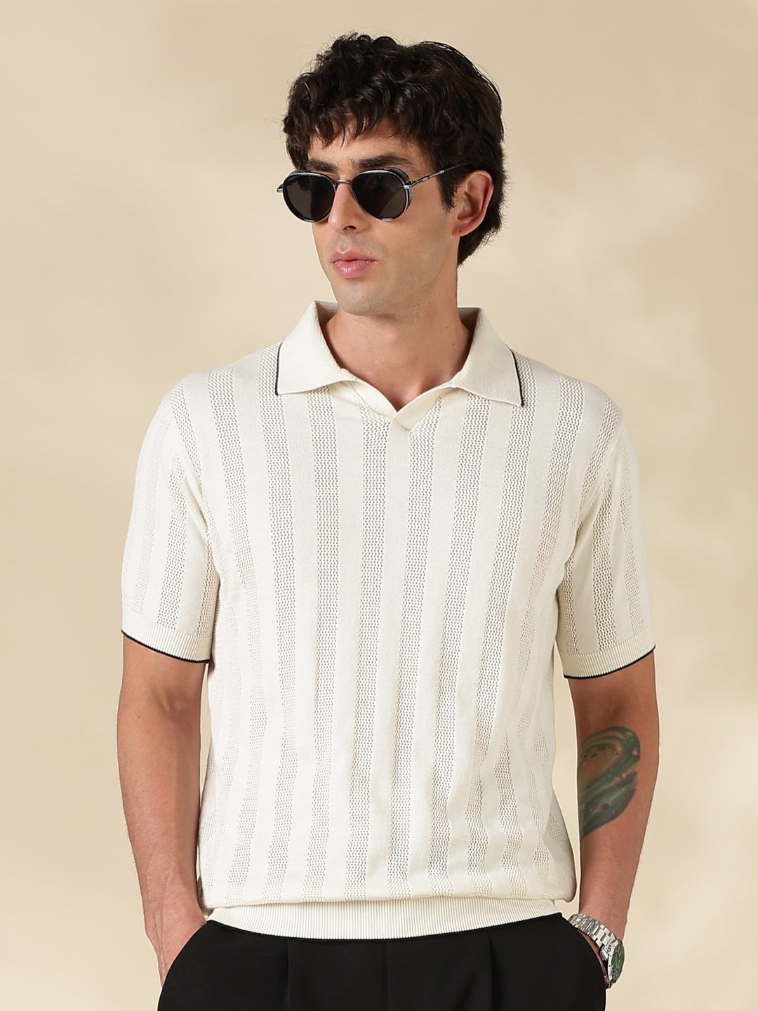 White Stripe Slim Fit Polo Collar Flat Knit T-Shirt