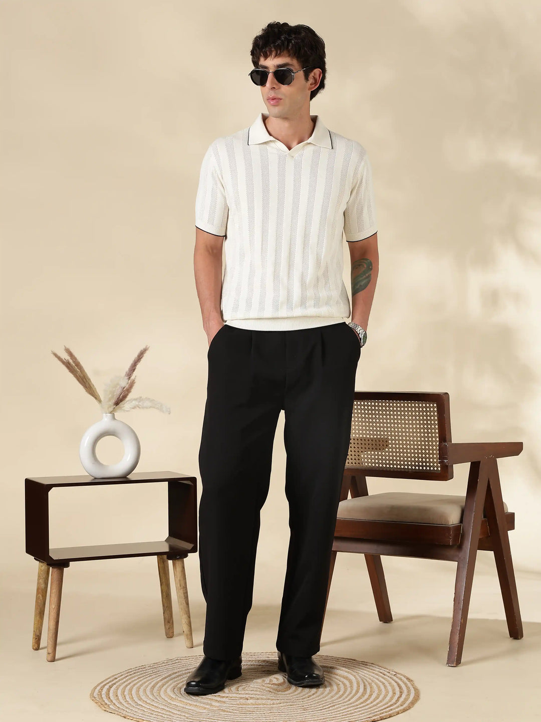 White Stripe Slim Fit Flat Knit T-Shirt