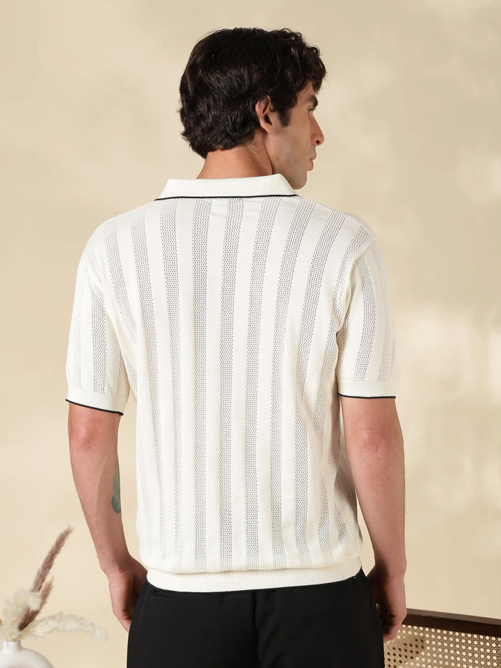 White Stripe Slim Fit Flat Knit T-Shirt