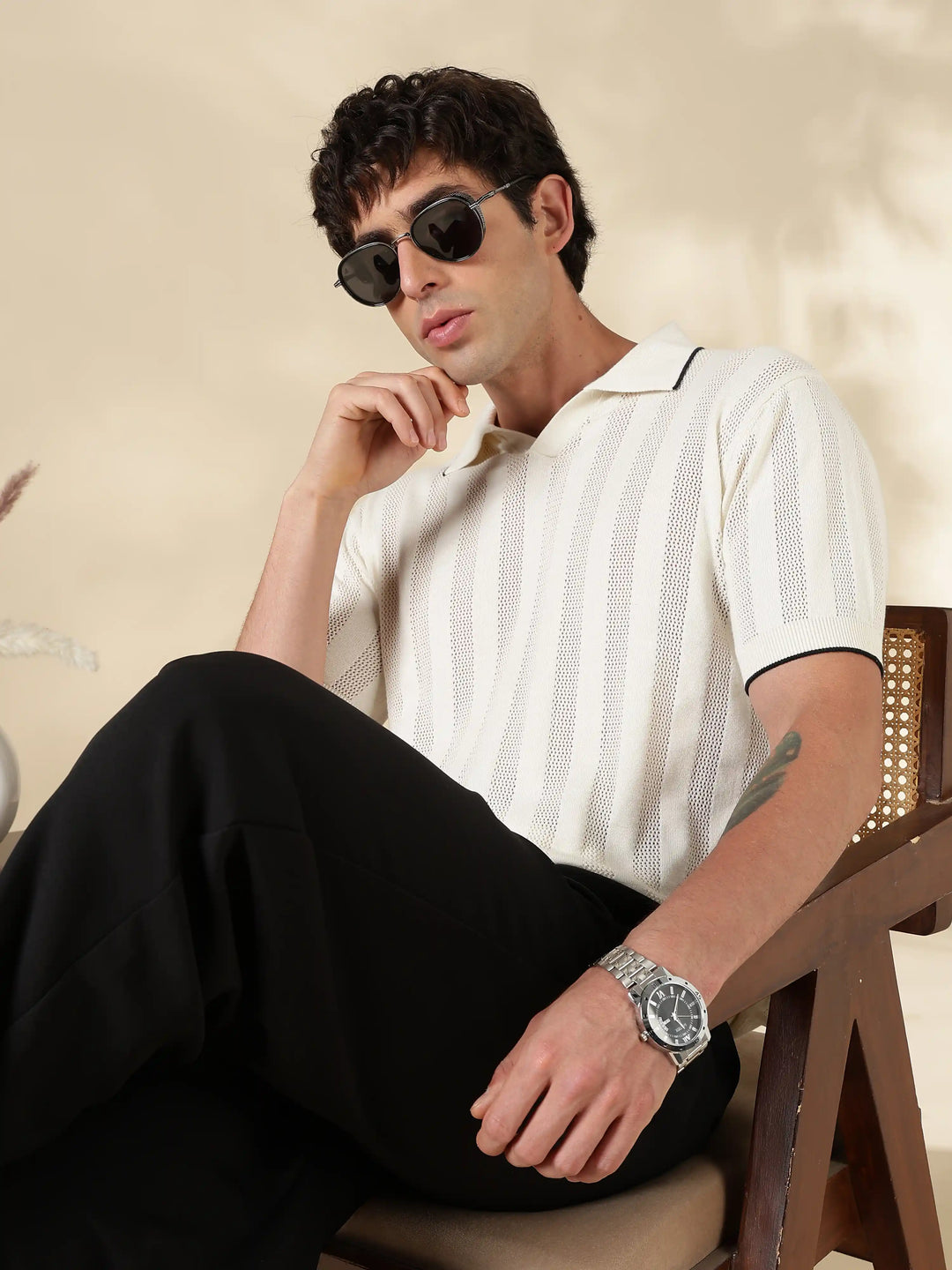 White Stripe Slim Fit Flat Knit T-Shirt