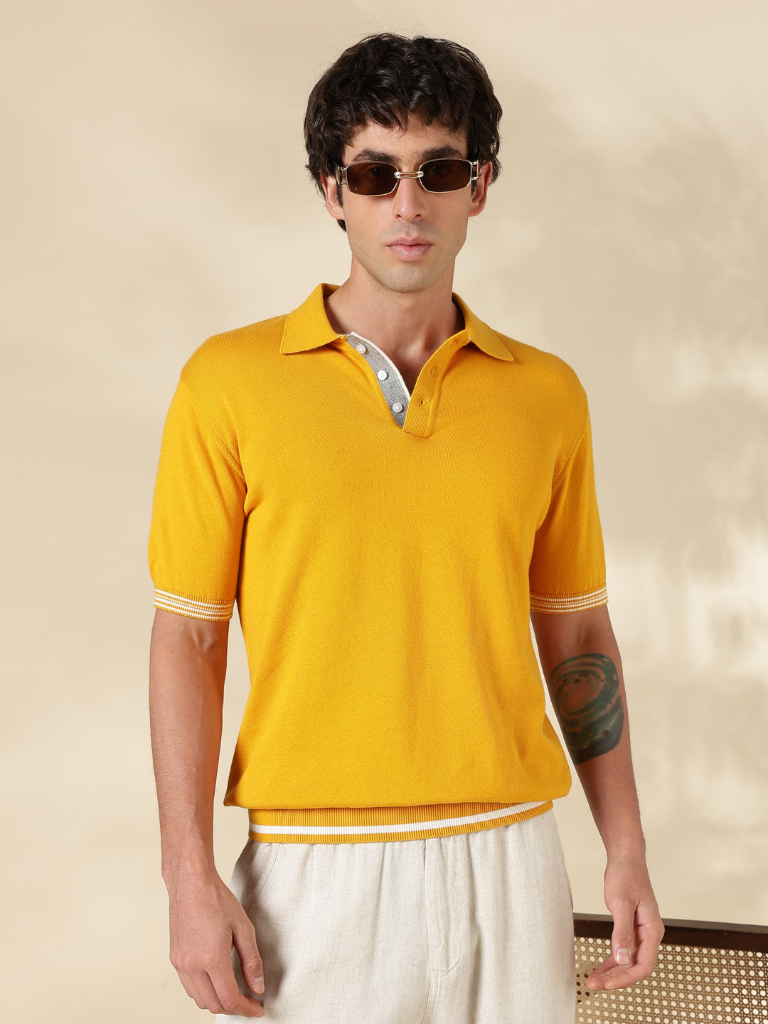 Mustard Solid Slim Fit Polo Collar Flat Knit T-Shirt