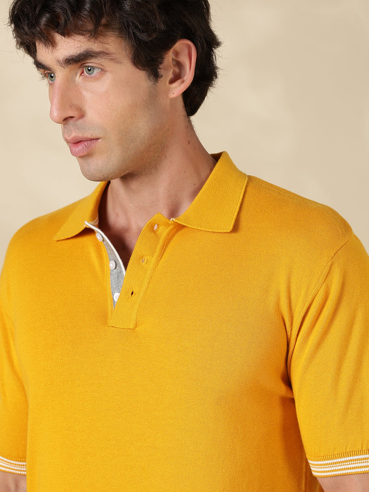 Mustard Solid Slim Fit Flat Knit T-Shirt