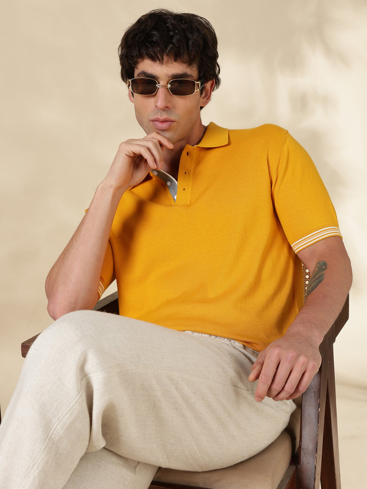 Mustard Solid Slim Fit Flat Knit T-Shirt