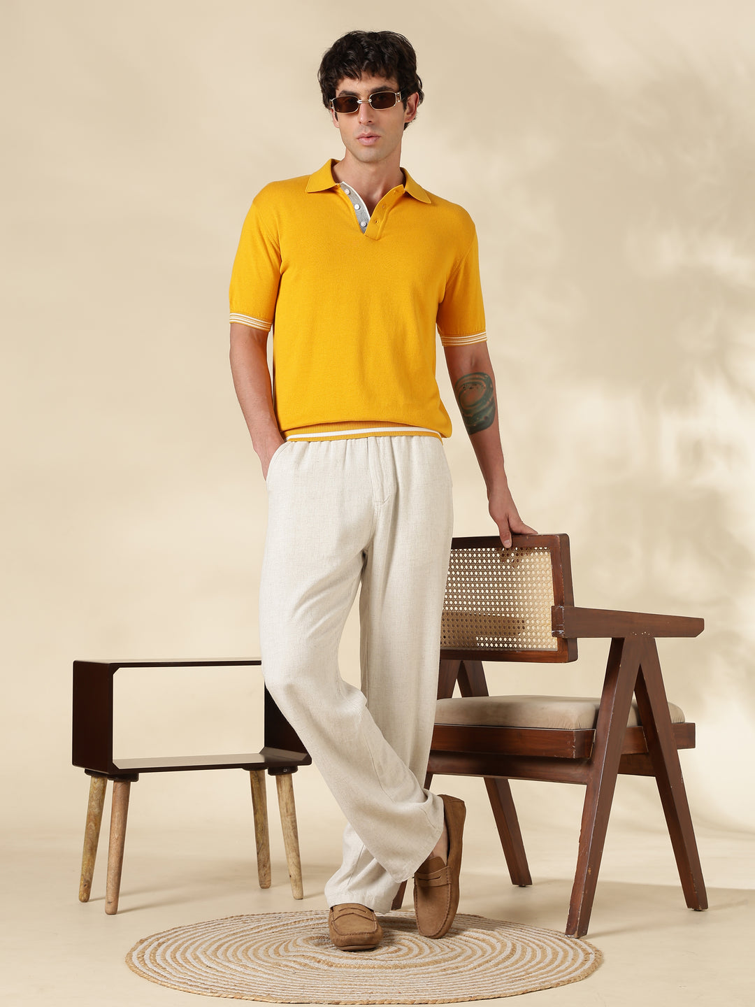 Mustard Solid Slim Fit Flat Knit T-Shirt