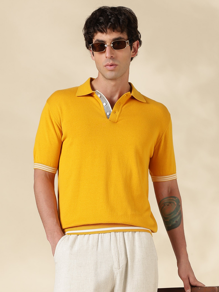 Mustard Solid Slim Fit Flat Knit T-Shirt