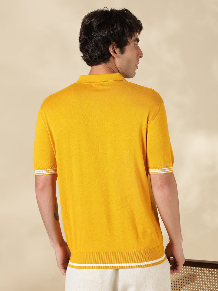 Mustard Solid Slim Fit Flat Knit T-Shirt