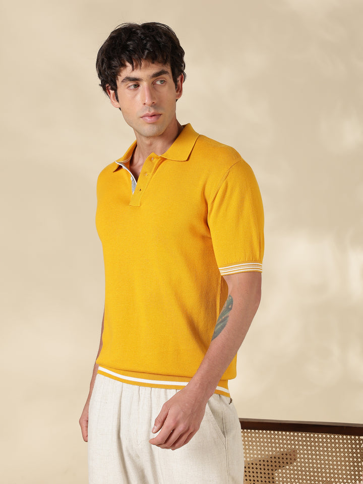 Mustard Solid Slim Fit Flat Knit T-Shirt