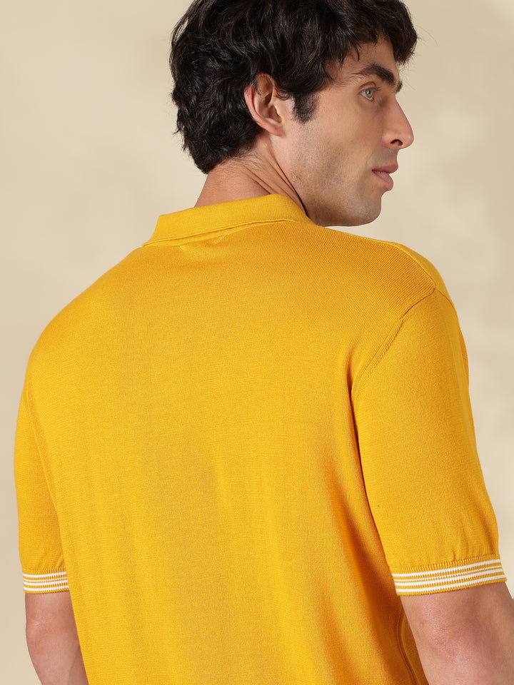 Mustard Solid Slim Fit Flat Knit T-Shirt