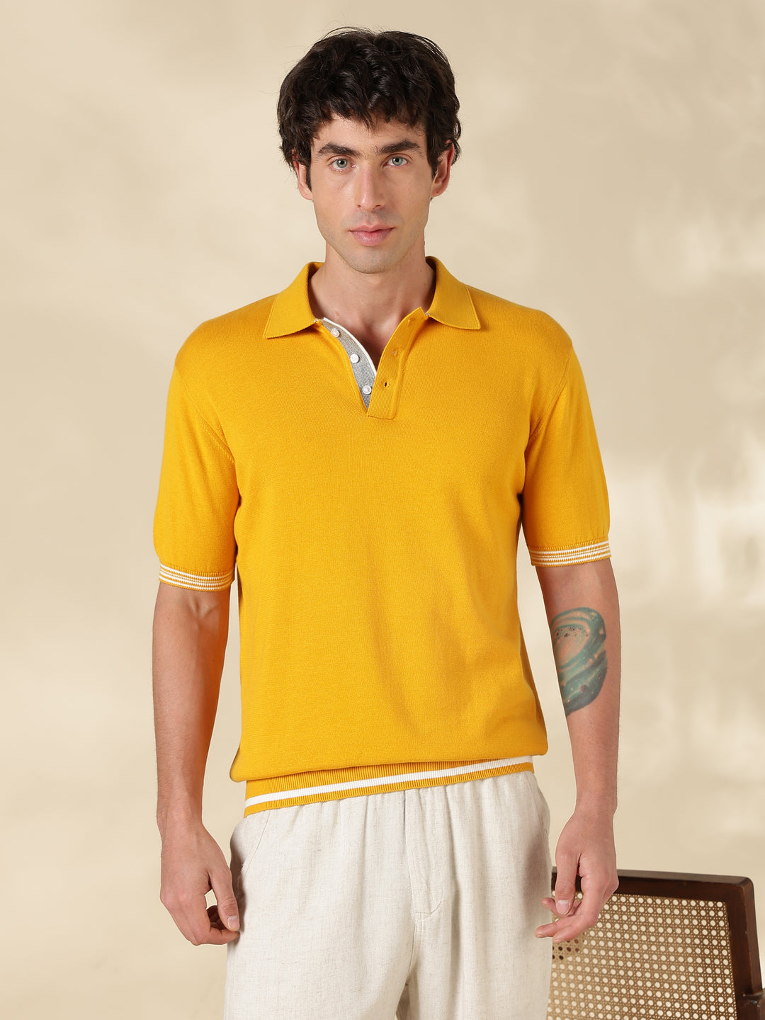 Mustard Solid Slim Fit Flat Knit T-Shirt
