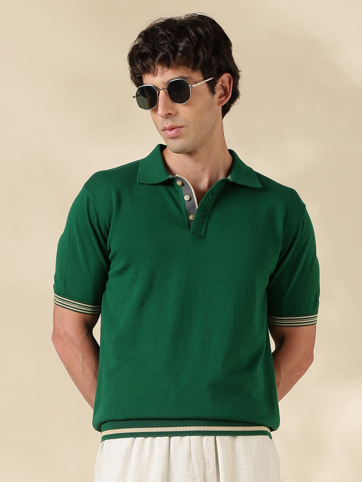 Green Solid Slim Fit Flat Knit T-Shirt