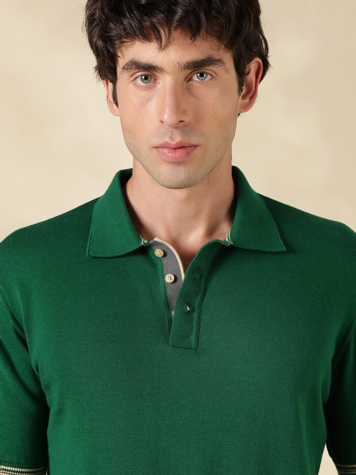 Green Solid Slim Fit Flat Knit T-Shirt