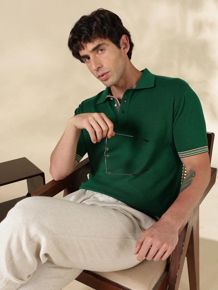 Green Solid Slim Fit Flat Knit T-Shirt