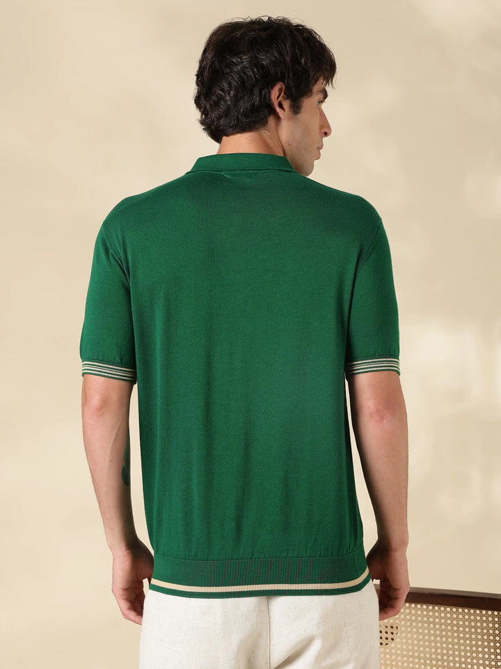 Green Solid Slim Fit Flat Knit T-Shirt