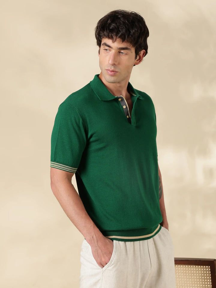 Green Solid Slim Fit Flat Knit T-Shirt