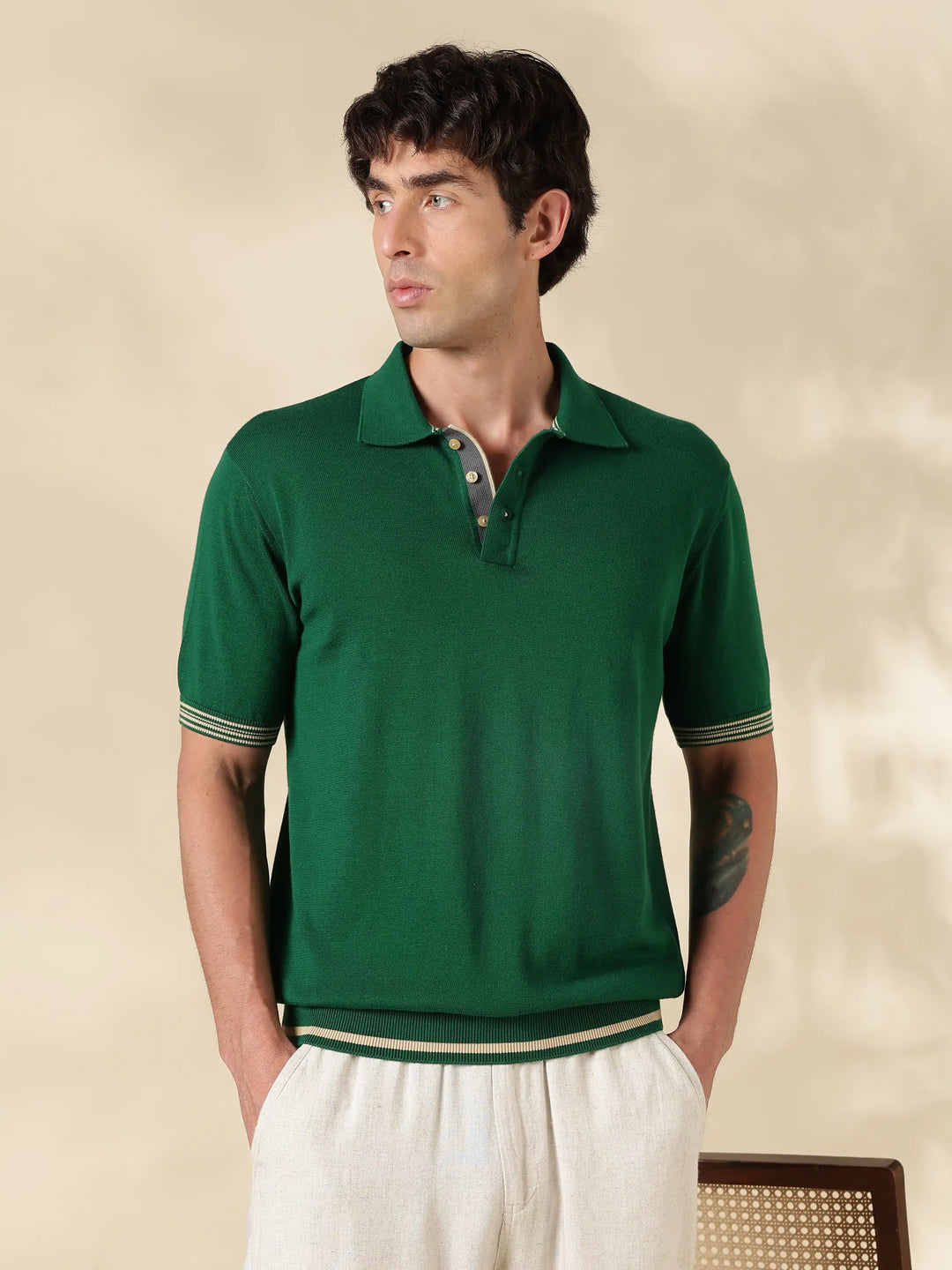 Green Solid Slim Fit Flat Knit T-Shirt