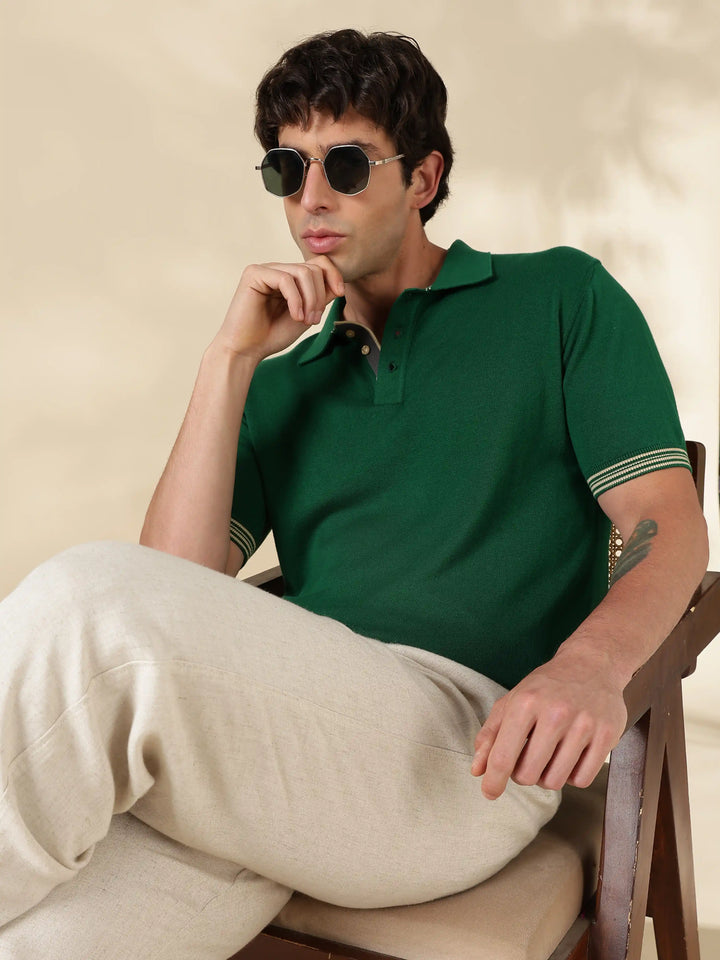 Green Solid Slim Fit Flat Knit T-Shirt
