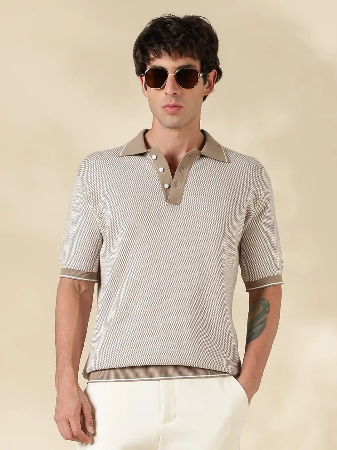 Khaki Check Slim Fit Flat Knit T-Shirt
