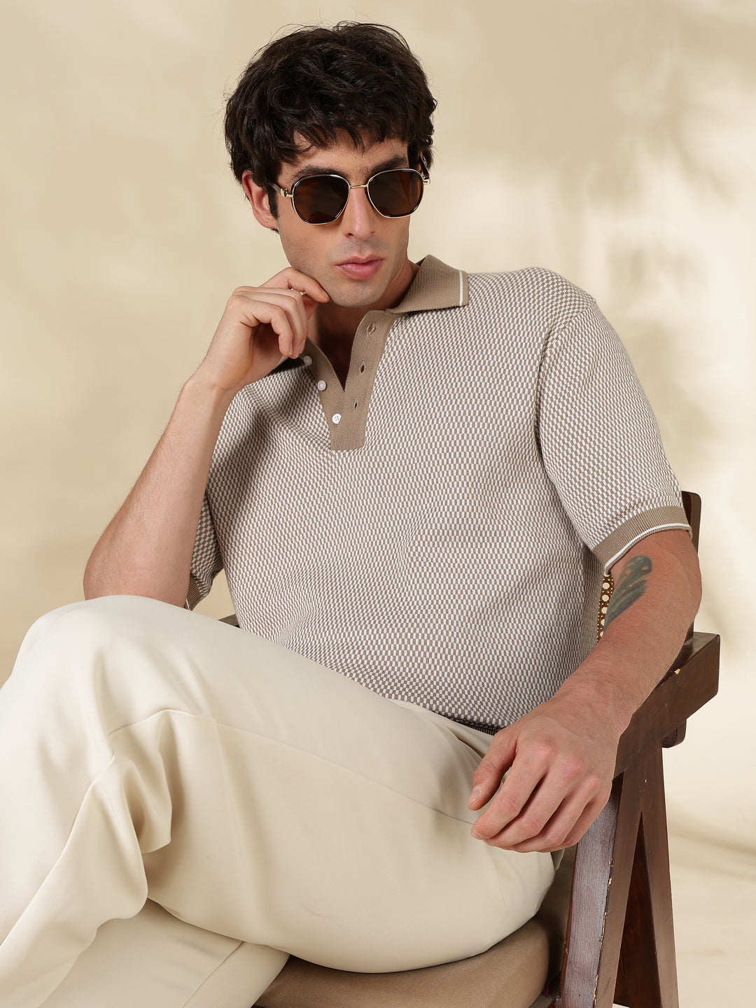 Khaki Check Slim Fit Flat Knit T-Shirt