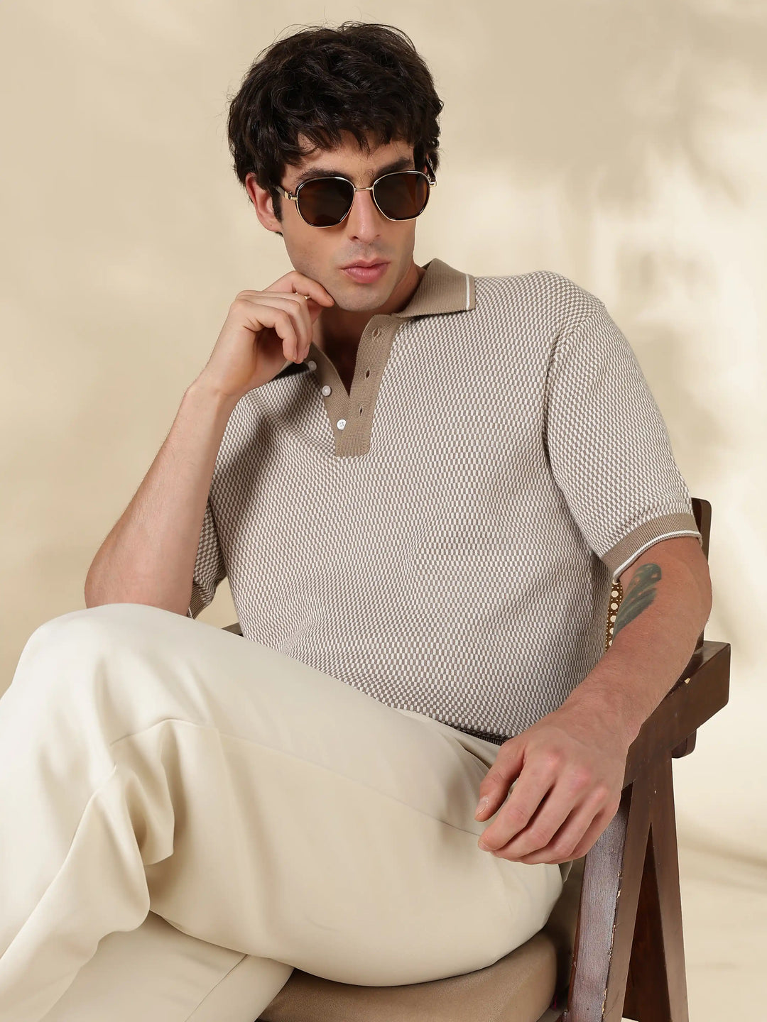 Khaki Check Slim Fit Flat Knit T-Shirt