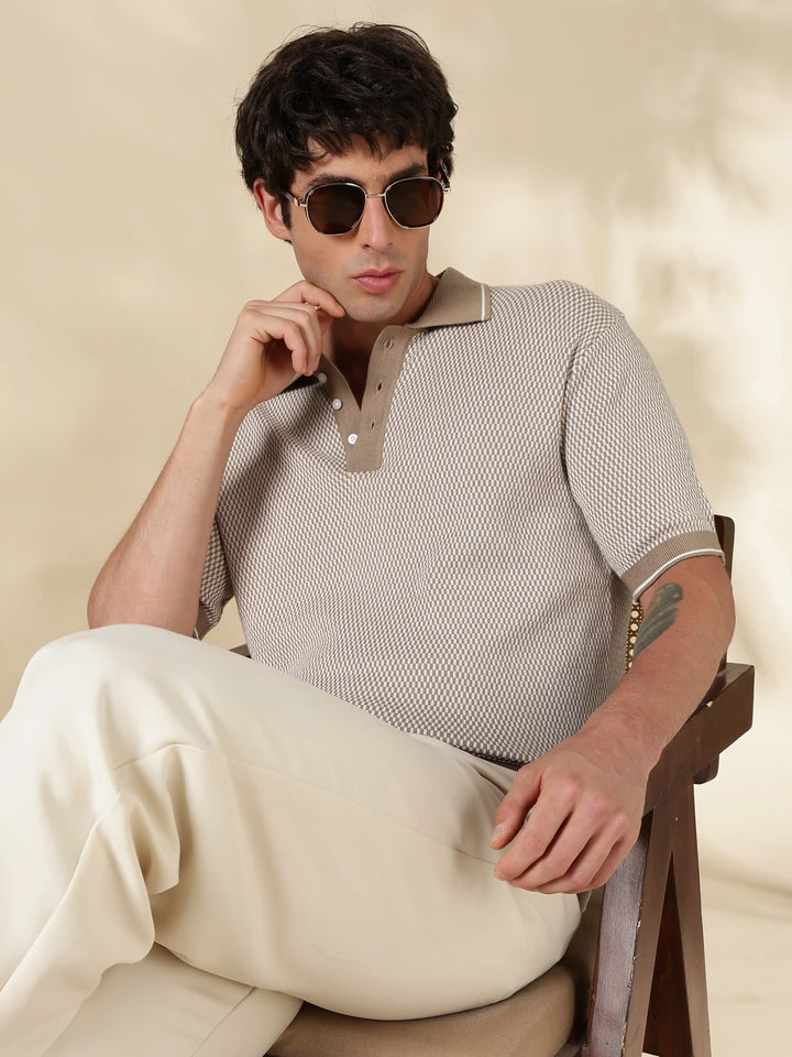 Khaki Check Slim Fit Flat Knit T-Shirt