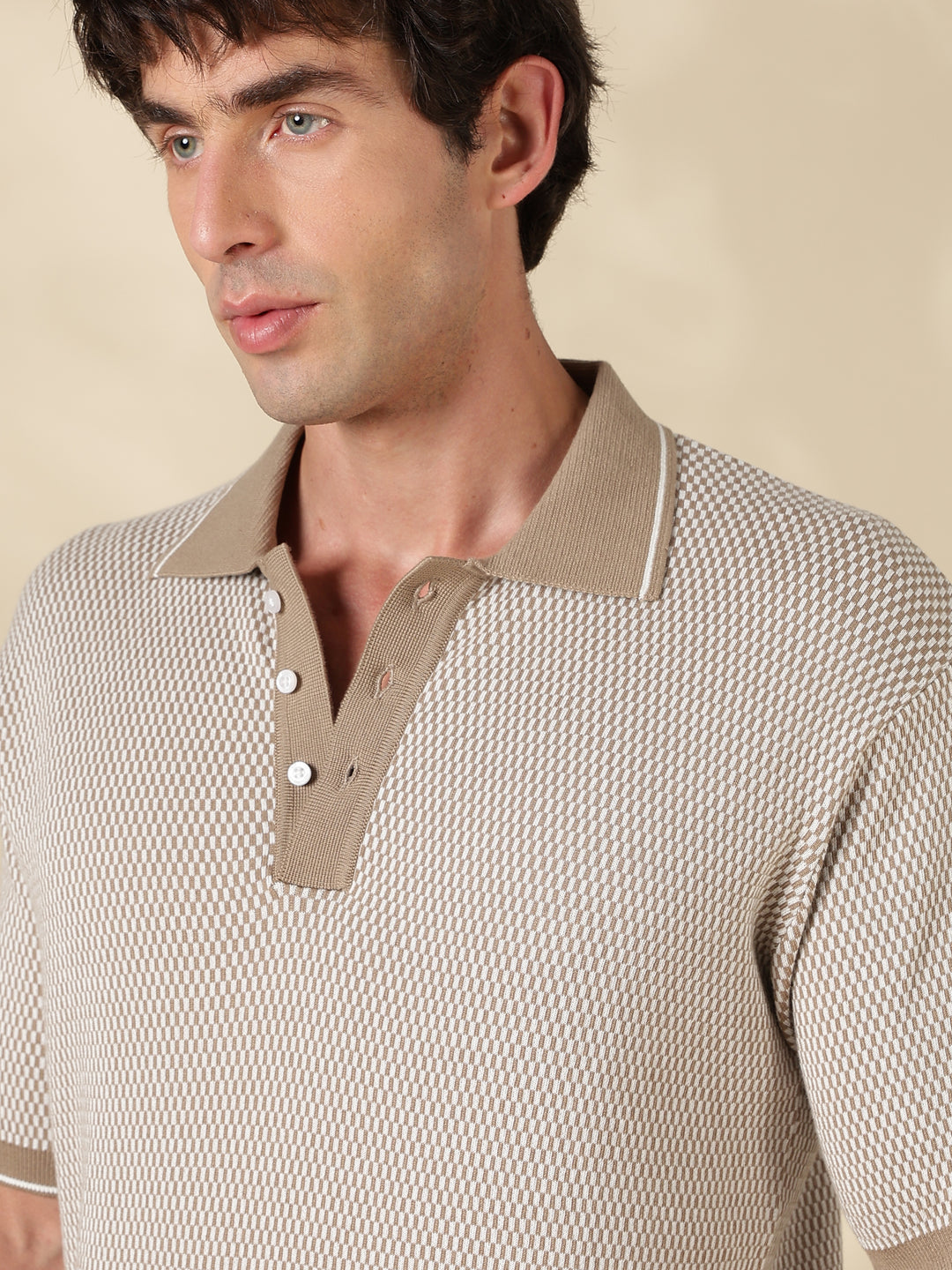 Khaki Check Slim Fit Flat Knit T-Shirt