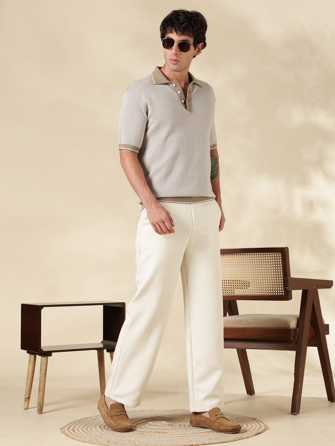 Khaki Check Slim Fit Flat Knit T-Shirt