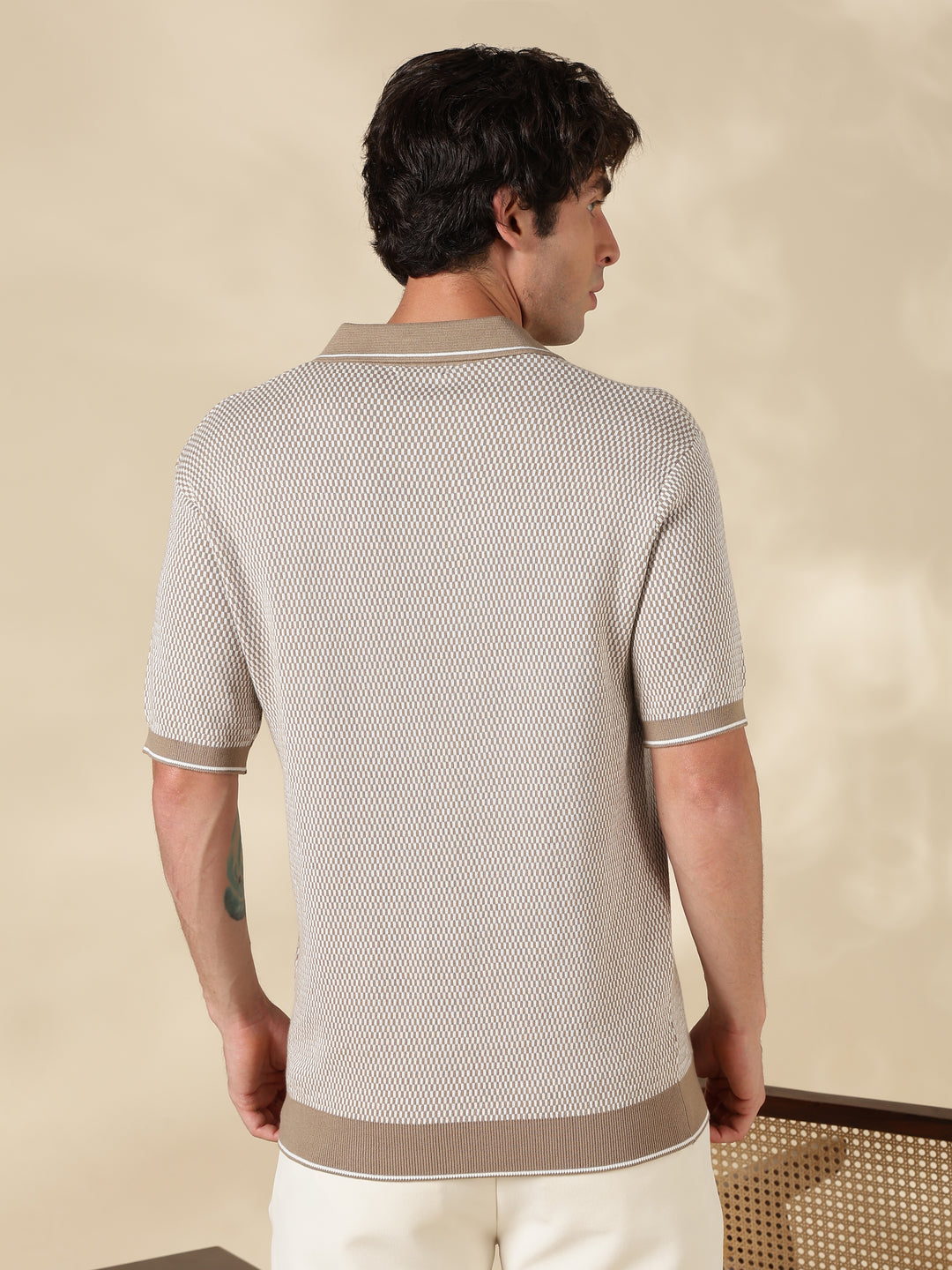 Khaki Check Slim Fit Flat Knit T-Shirt