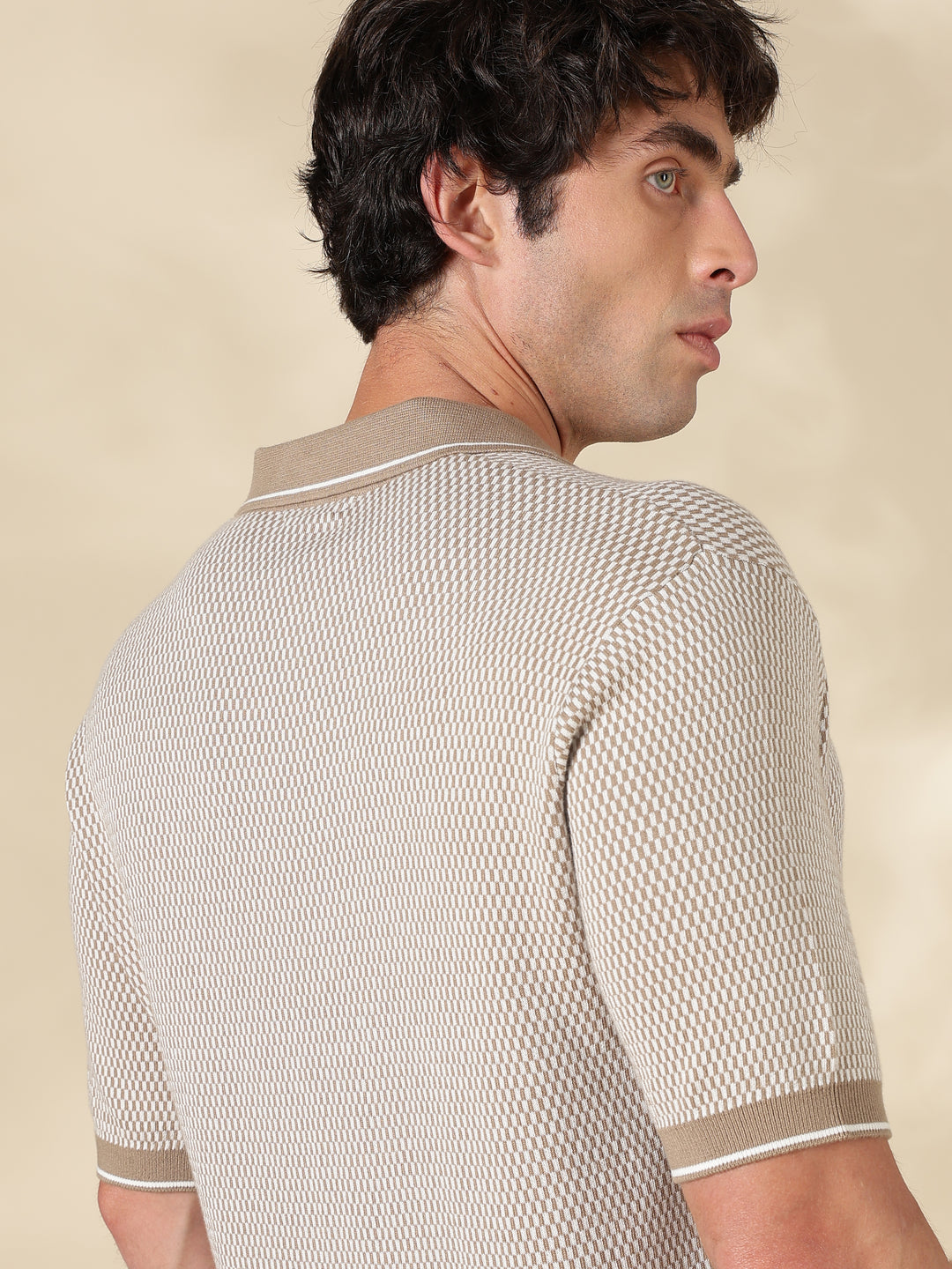 Khaki Check Slim Fit Flat Knit T-Shirt