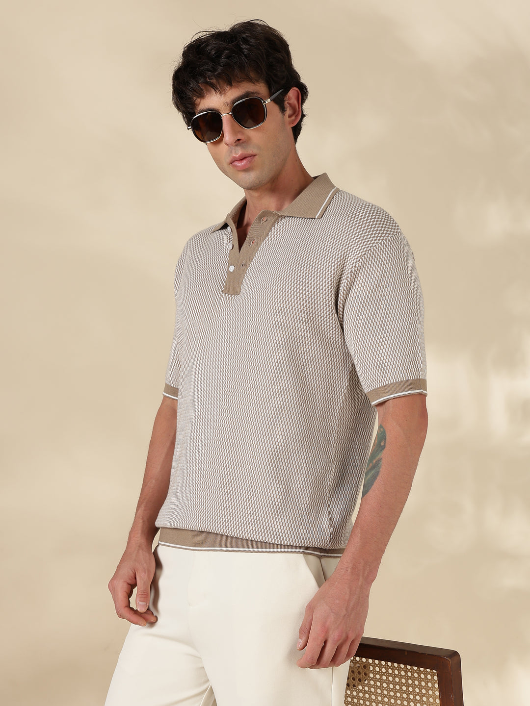 Khaki Check Slim Fit Flat Knit T-Shirt