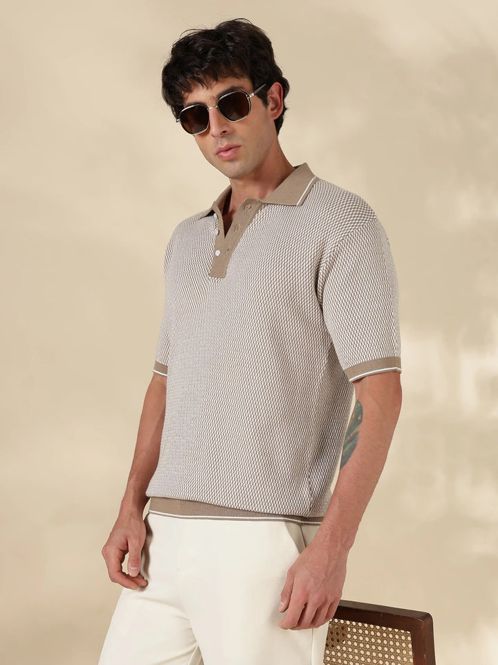 Khaki Check Slim Fit Flat Knit T-Shirt
