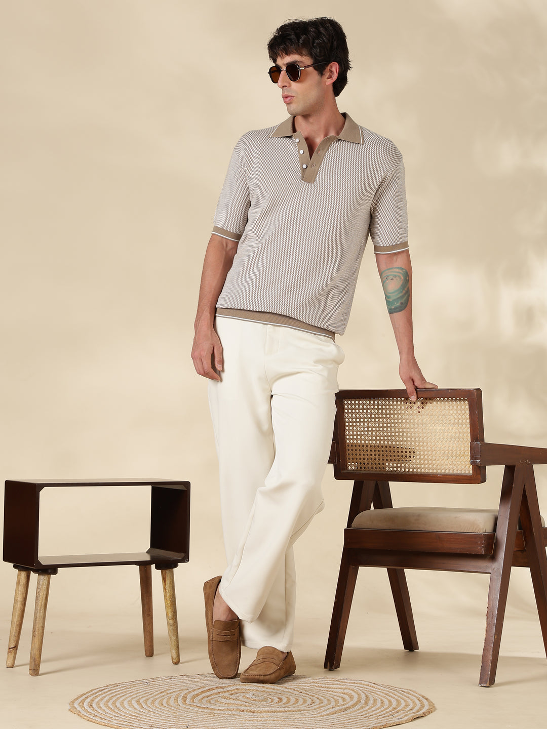 Khaki Check Slim Fit Flat Knit T-Shirt