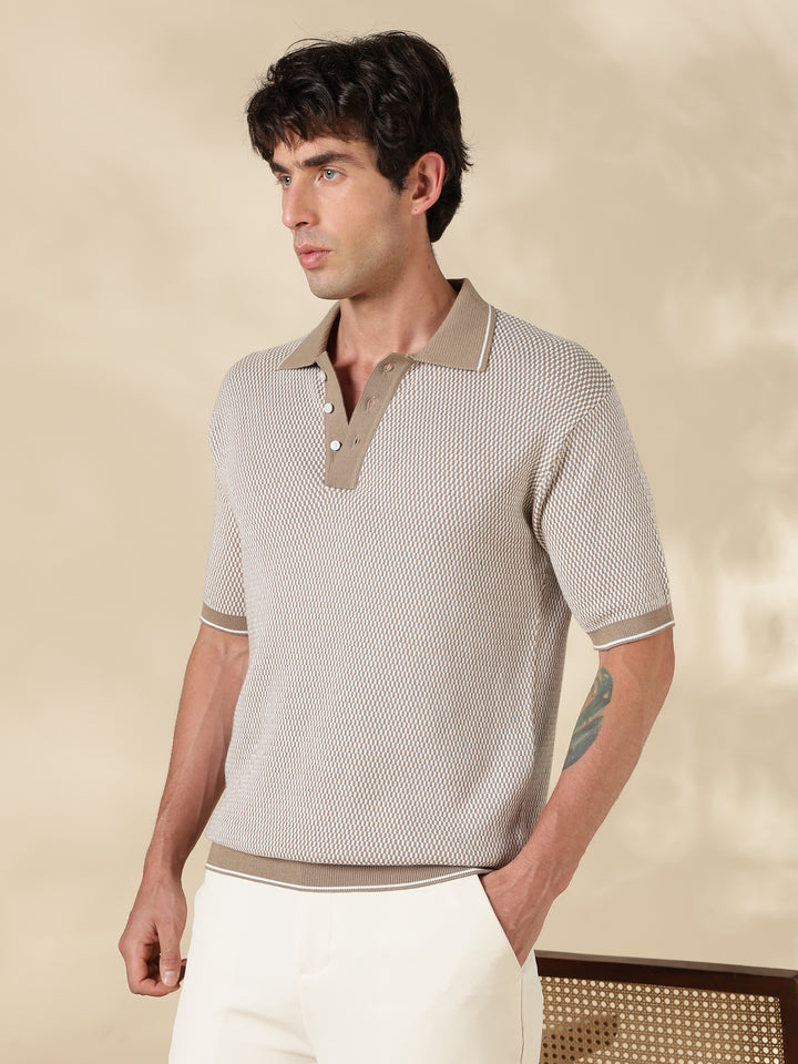 Khaki Check Slim Fit Flat Knit T-Shirt