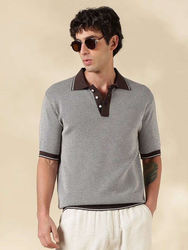 D Brown Check Slim Fit Flat Knit T-Shirt