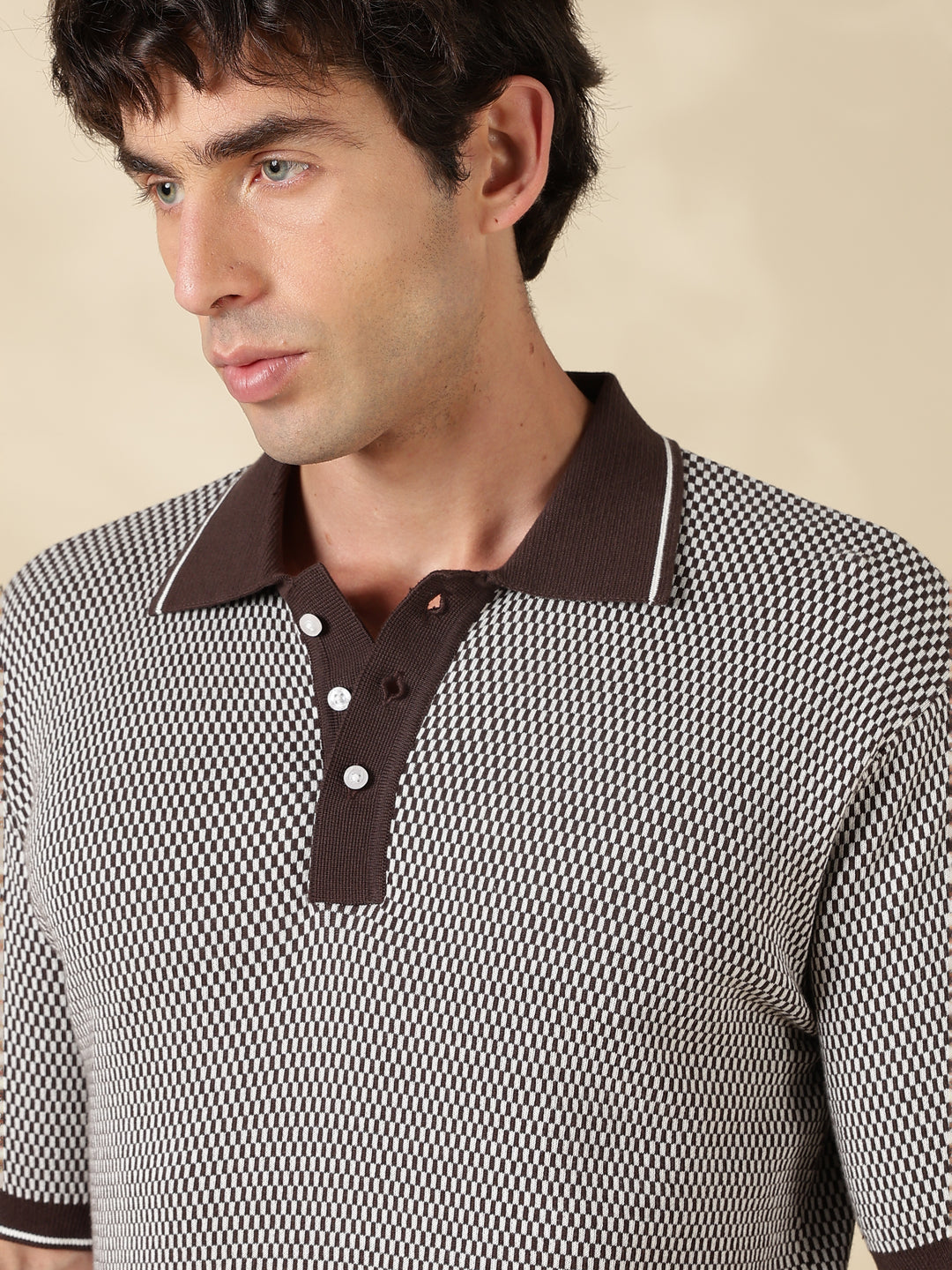 Brown Check Slim Fit Flat Knit T-Shirt